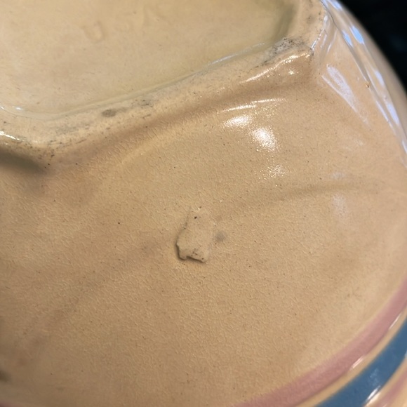 Antique (1930s) McCoy Yellow Ware Stoneware Bowl with Blue & Pink Stripes - Picture 12 of 14